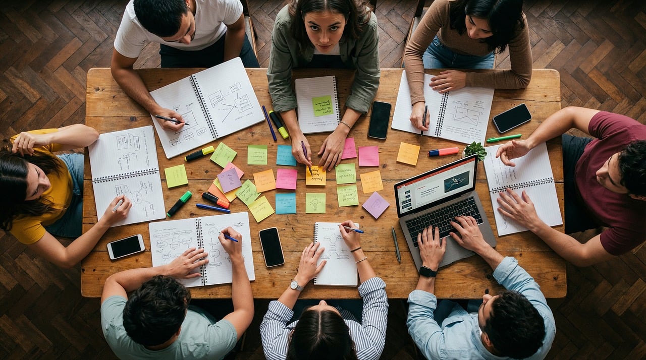 eam, workshop, office, collaboration, sticky notes, planning, strategy, brainstorming, table, overhead, people, working, laptop, notebooks, creativity, business, meeting, together, analysis, group, ai generated-10171012.jpg